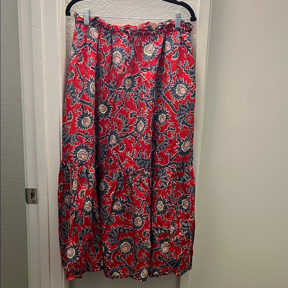 T Tahari Vibrant Red and Blue Patterned Maxi Skirt